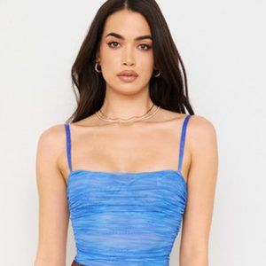 HOUSE OF CB SKY BLUE PRINT RUCHED MESH BODYSUIT XS